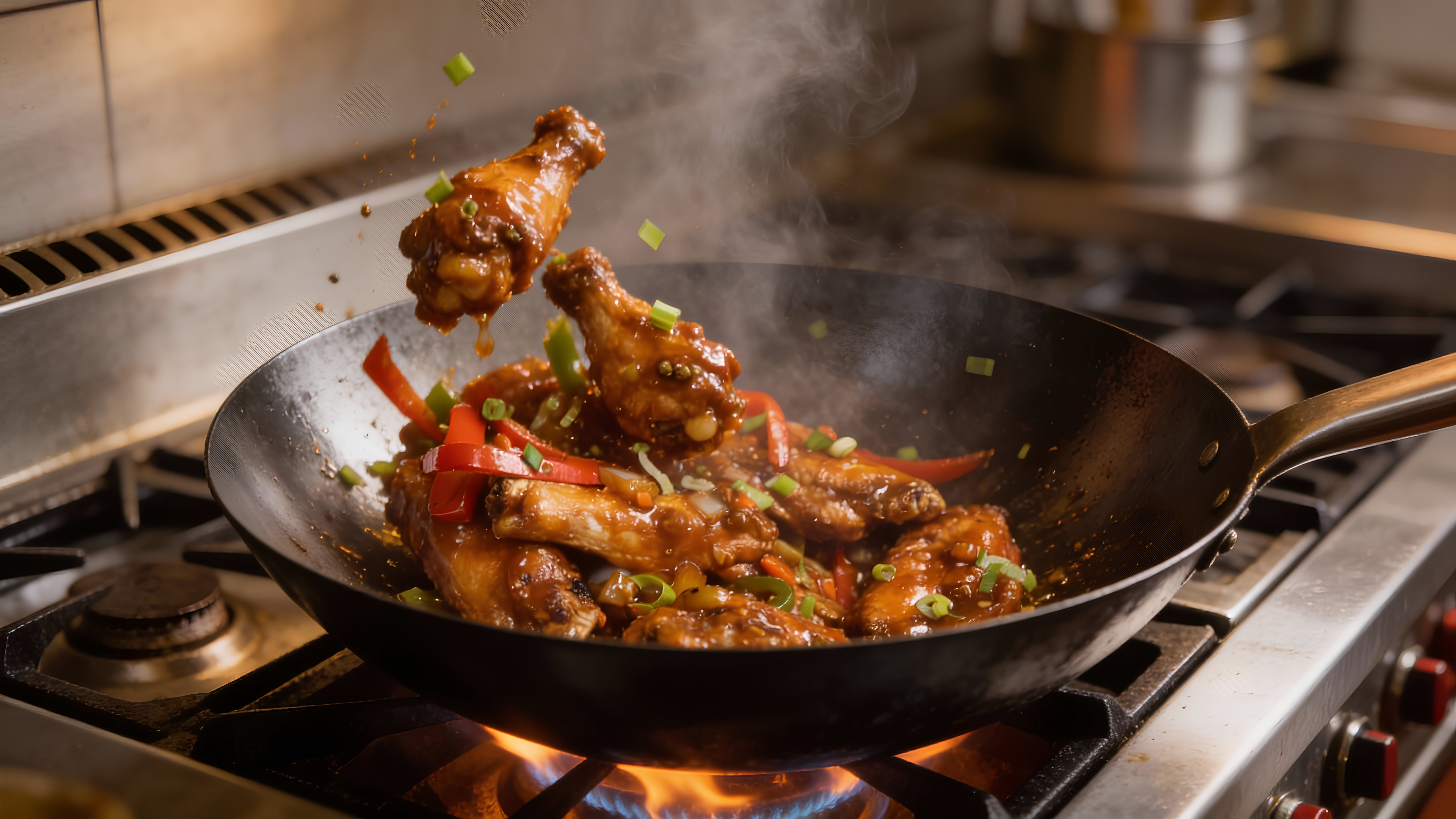 Wok-fired noodles with flames